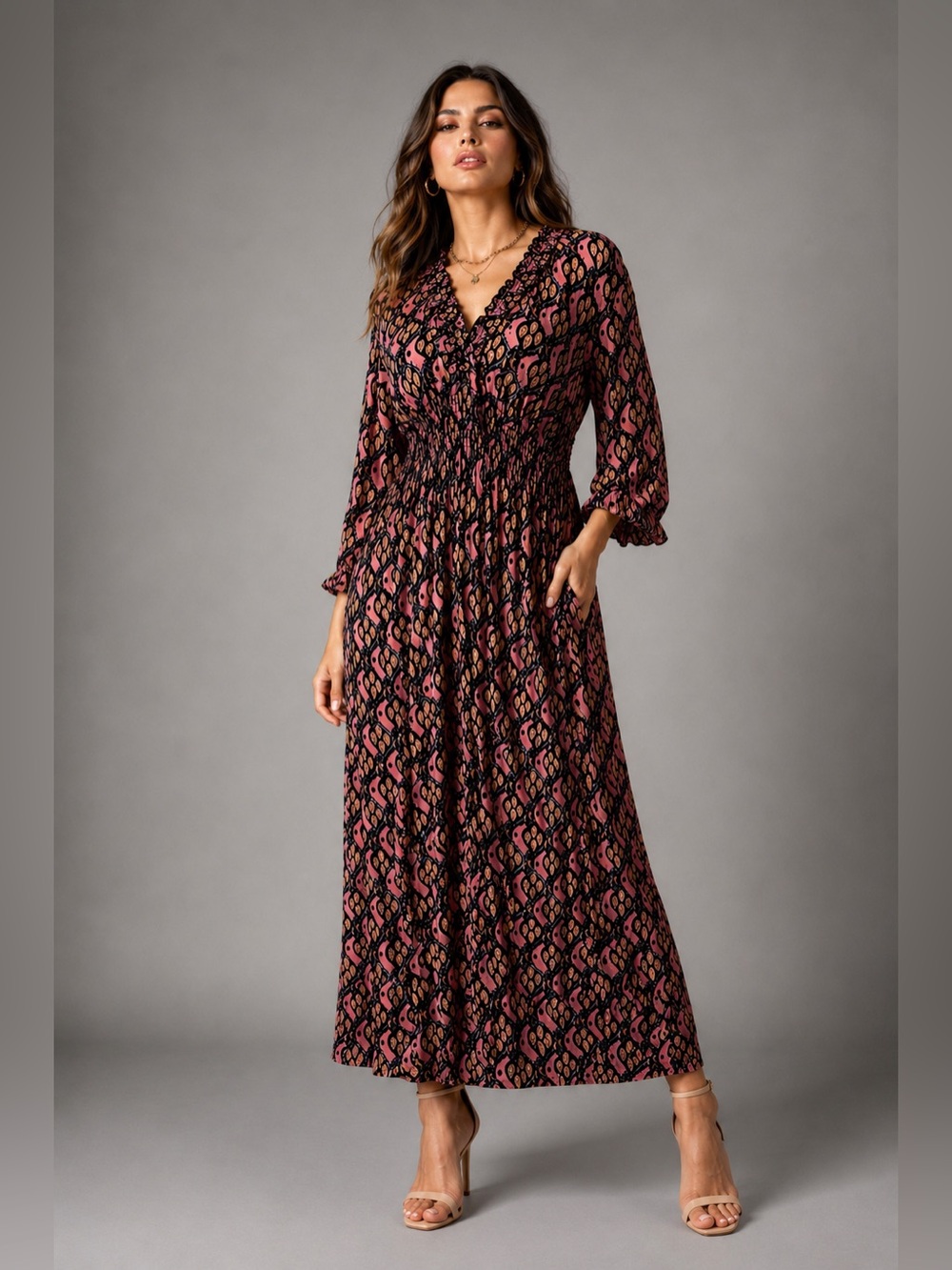 ACE Fashion Boho Maxi Dress XL | Smocked Waist Long Sleeve Pink Print